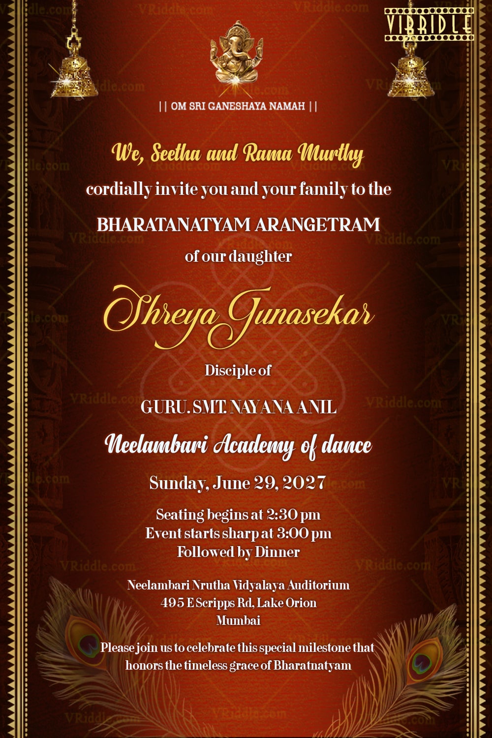 Bharatanatyam Arangetram Invitation – A Graceful Dance Celebration in a Radiant Red Theme