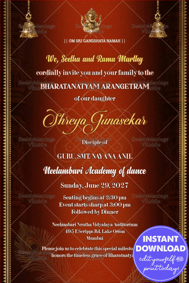 Bharatanatyam Arangetram Invitation – A Graceful Dance Celebration in a Radiant Red Theme