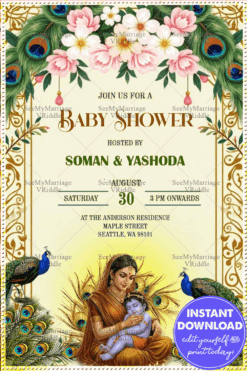 Blissful Baby Shower Invitation Adorned with Baby Krishna Yashoda and Peacock Elegance