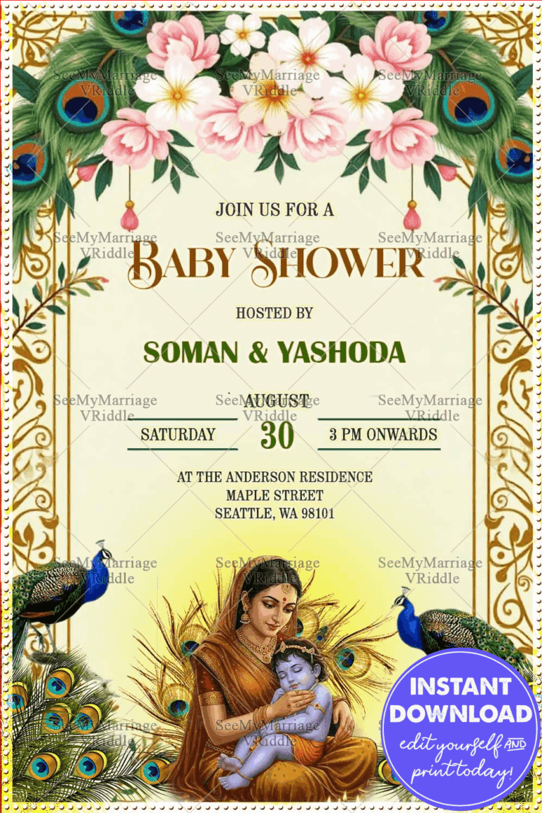 Blissful Baby Shower Invitation Adorned with Baby Krishna Yashoda and Peacock Elegance