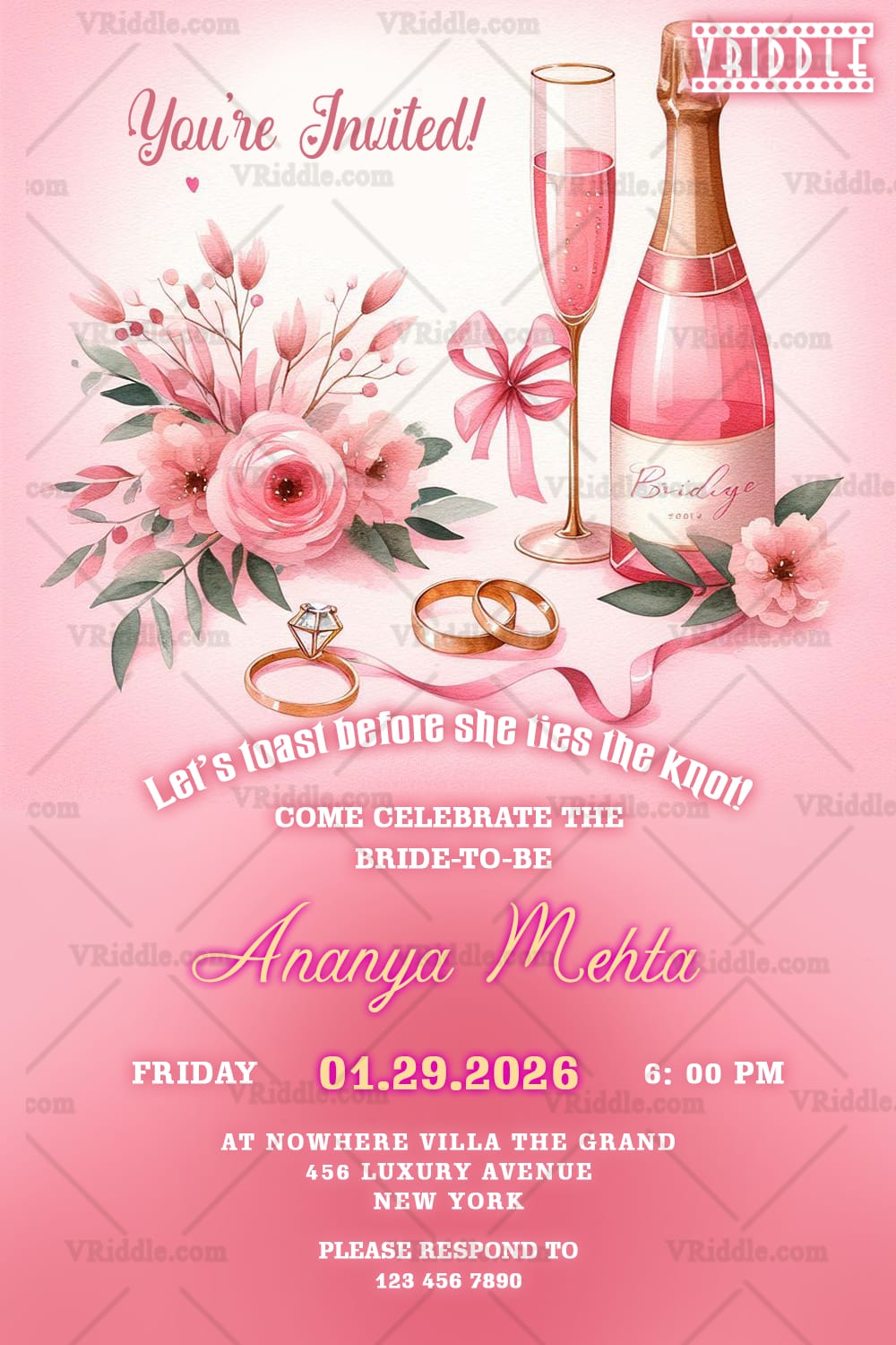 Blush Pink Bridal Shower Invitation Card with Ring and Champagne Bottle