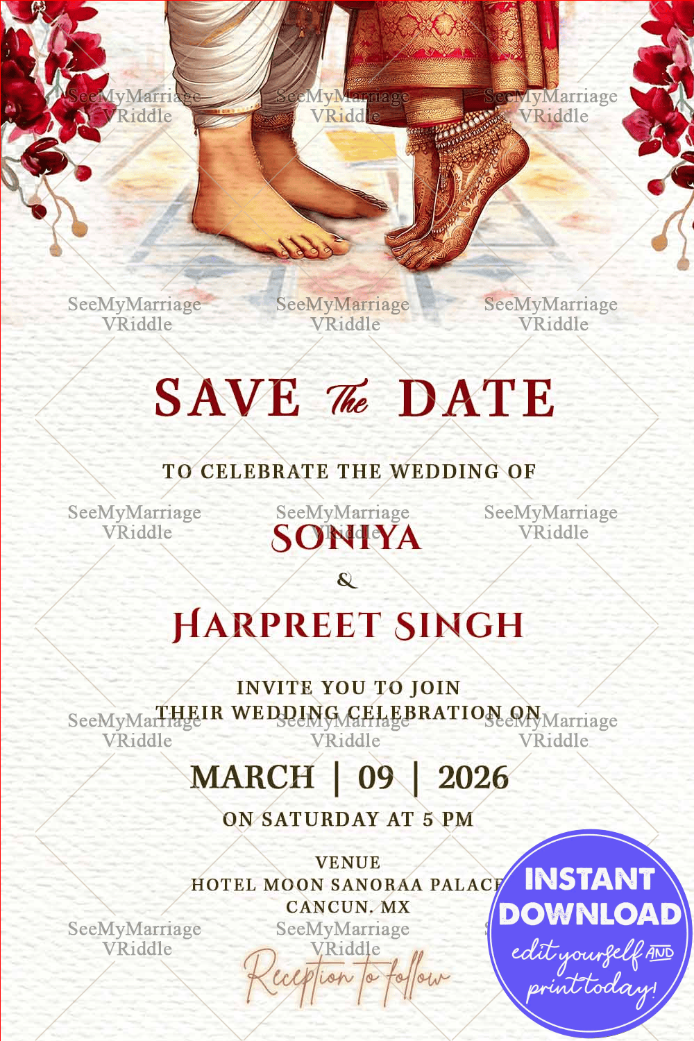 Bride and Groom’s Feet Illustration Save the Date Card with Red Flowers