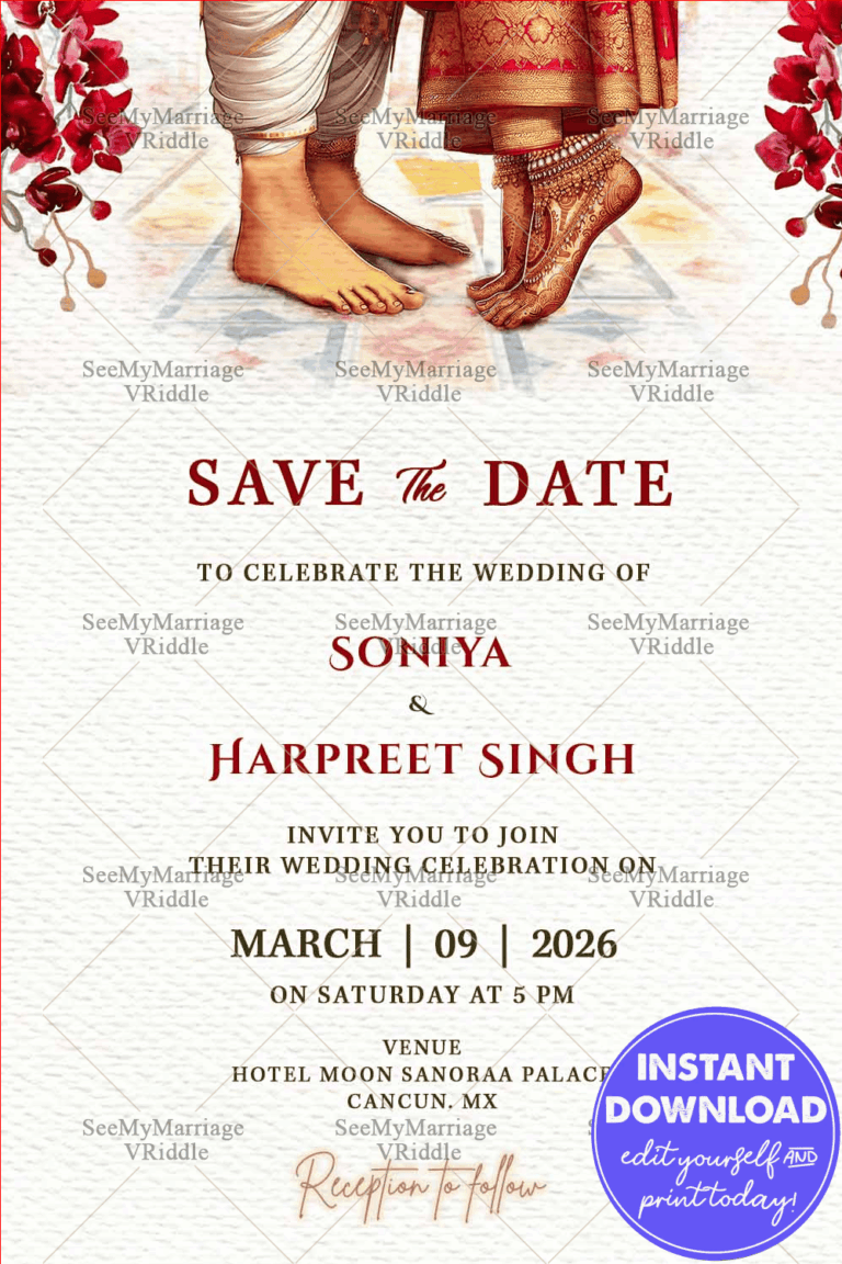 Bride and Groom's Feet Illustration Save the Date Card with Red Flowers
