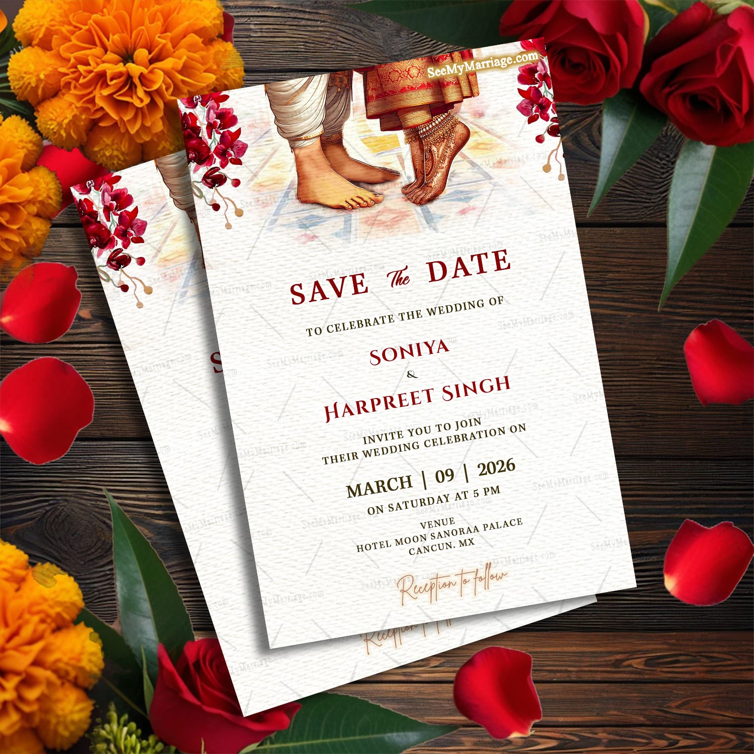 Bride and Groom's Feet Illustration Save the Date Card with Red Flowers