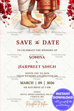 Bride and Groom's Feet Illustration Save the Date Card with Red Flowers