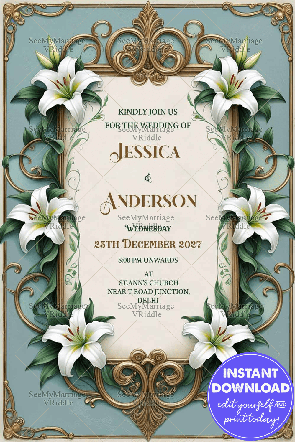 Classic Ornate Floral Themed Wedding Invitation with Elegant Vintage Accents