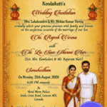 Couple Illustration Wedding Invitation Card with South Indian Couple Attire, Marigold Theme, Kalash and Cultural Motifs