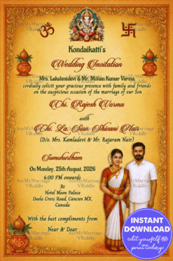 Couple Illustration Wedding Invitation Card with South Indian Couple Attire, Marigold Theme, Kalash and Cultural Motifs