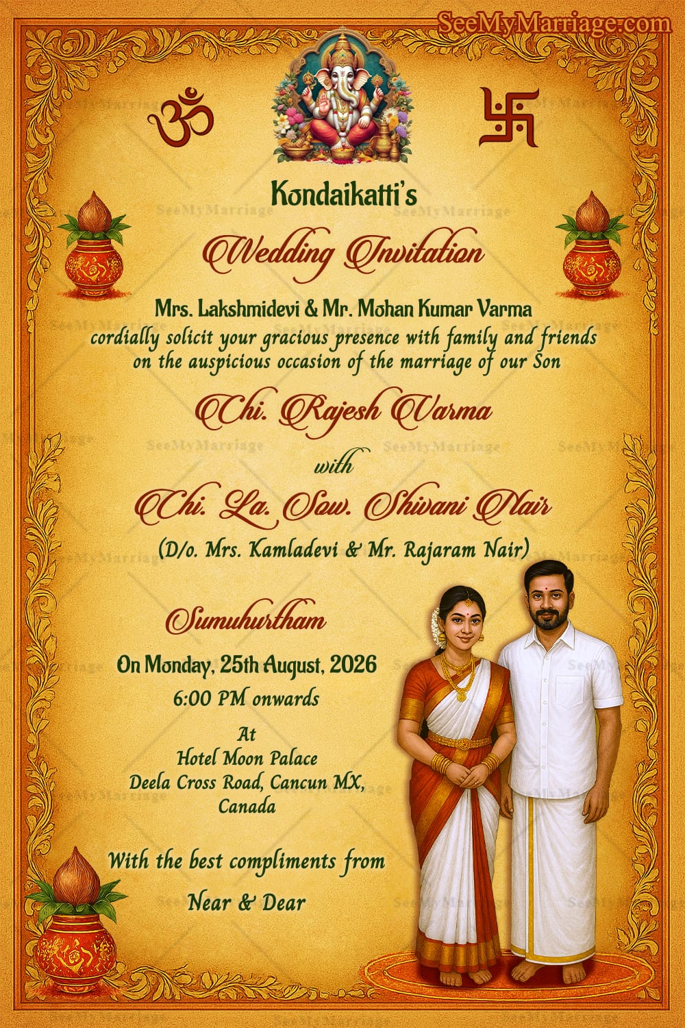 Couple Illustration Wedding Invitation Card with South Indian Couple Attire, Marigold Theme, Kalash and Cultural Motifs