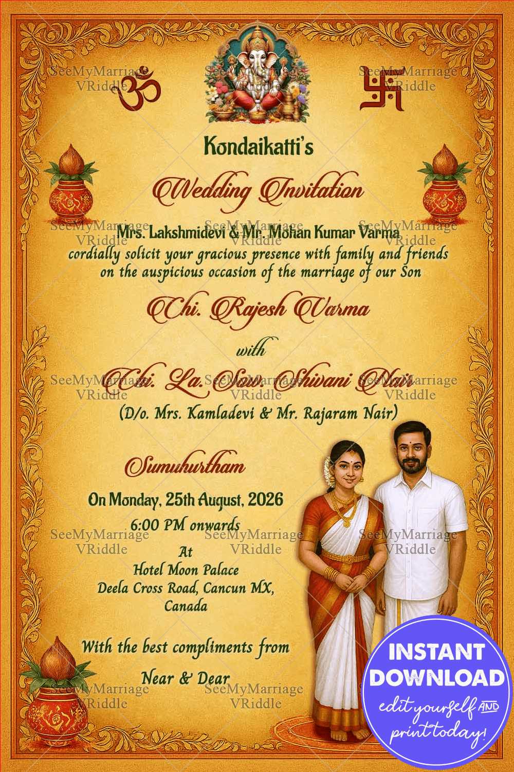 Couple Illustration Wedding Invitation Card with South Indian Couple Attire, Marigold Theme, Kalash and Cultural Motifs