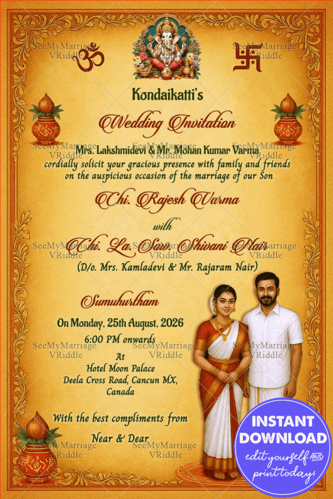 Couple Illustration Wedding Invitation Card with South Indian Couple Attire, Marigold Theme, Kalash and Cultural Motifs