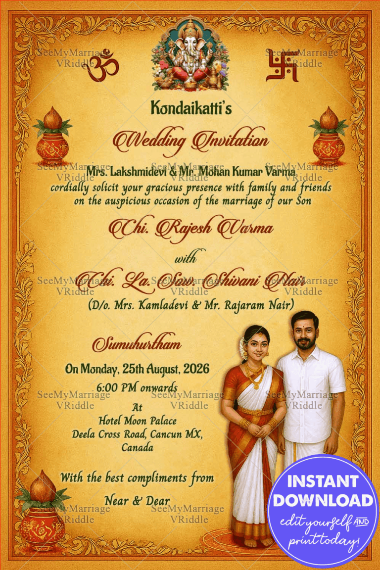 Couple Illustration Wedding Invitation Card with South Indian Couple Attire, Marigold Theme, Kalash and Cultural Motifs
