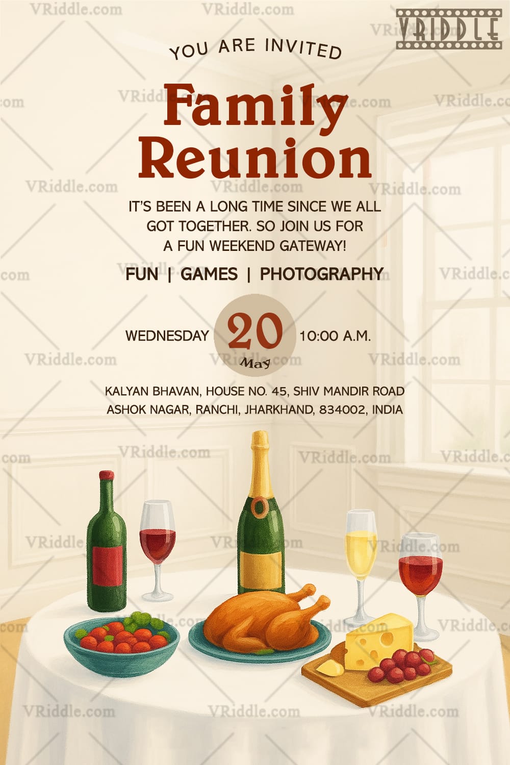 Cream-Themed Family Reunion Invitation Card with Dining Table, Food, and Wine Bottles
