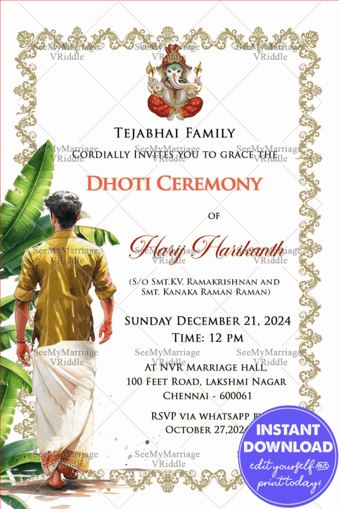 Dhoti Ceremony Invitation with Tradition and Banana Leaf South Indian Boy Walking Back View