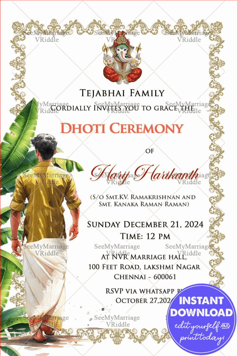 Dhoti Ceremony Invitation with Tradition and Banana Leaf South Indian Boy Walking Back View
