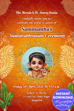 Divine Blessings Aksharabhyasam Ceremony Invitation in Red and Yellow Color Theme