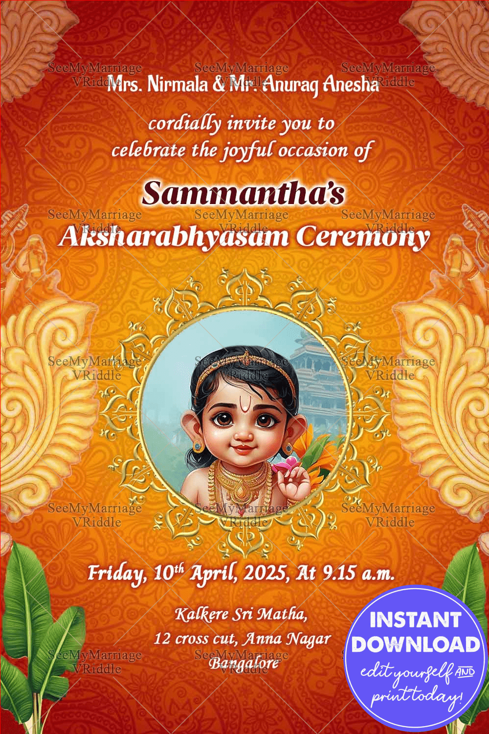 Divine Blessings Aksharabhyasam Ceremony Invitation in Red and Yellow Color Theme