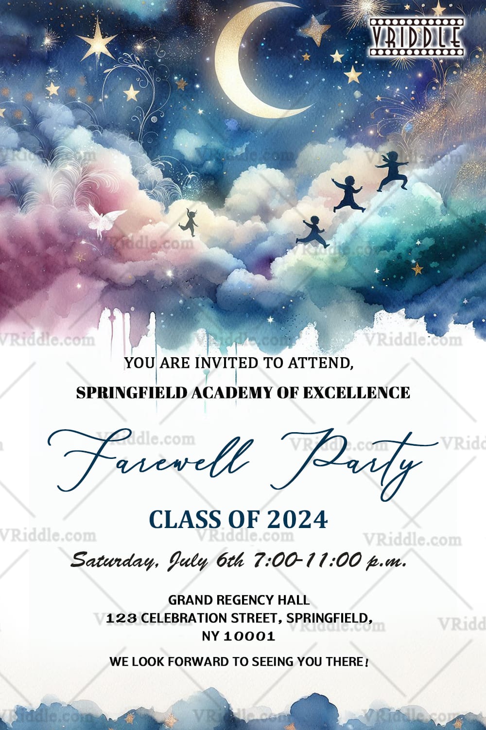 Dreamy Farewell Party Invitation Card with Clouds, Moon and Twinkling Stars