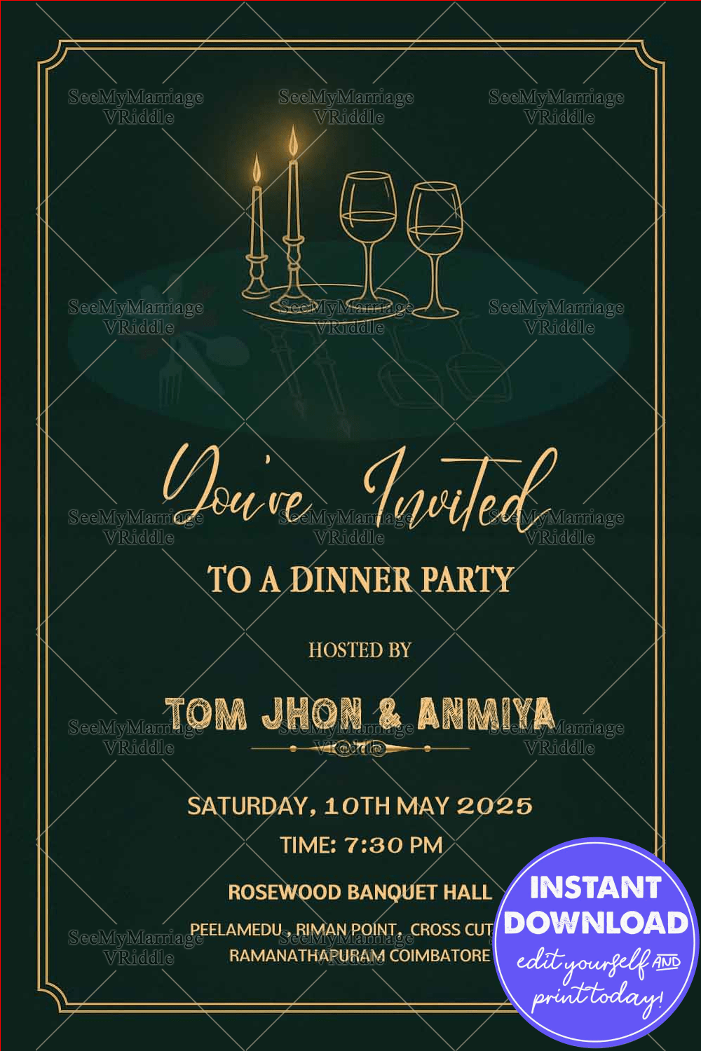 Elegant Candlelight Dinner Party Invitation Card in Dark Green Theme