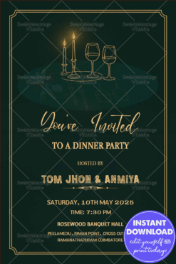 Elegant Candlelight Dinner Party Invitation Card in Dark Green Theme