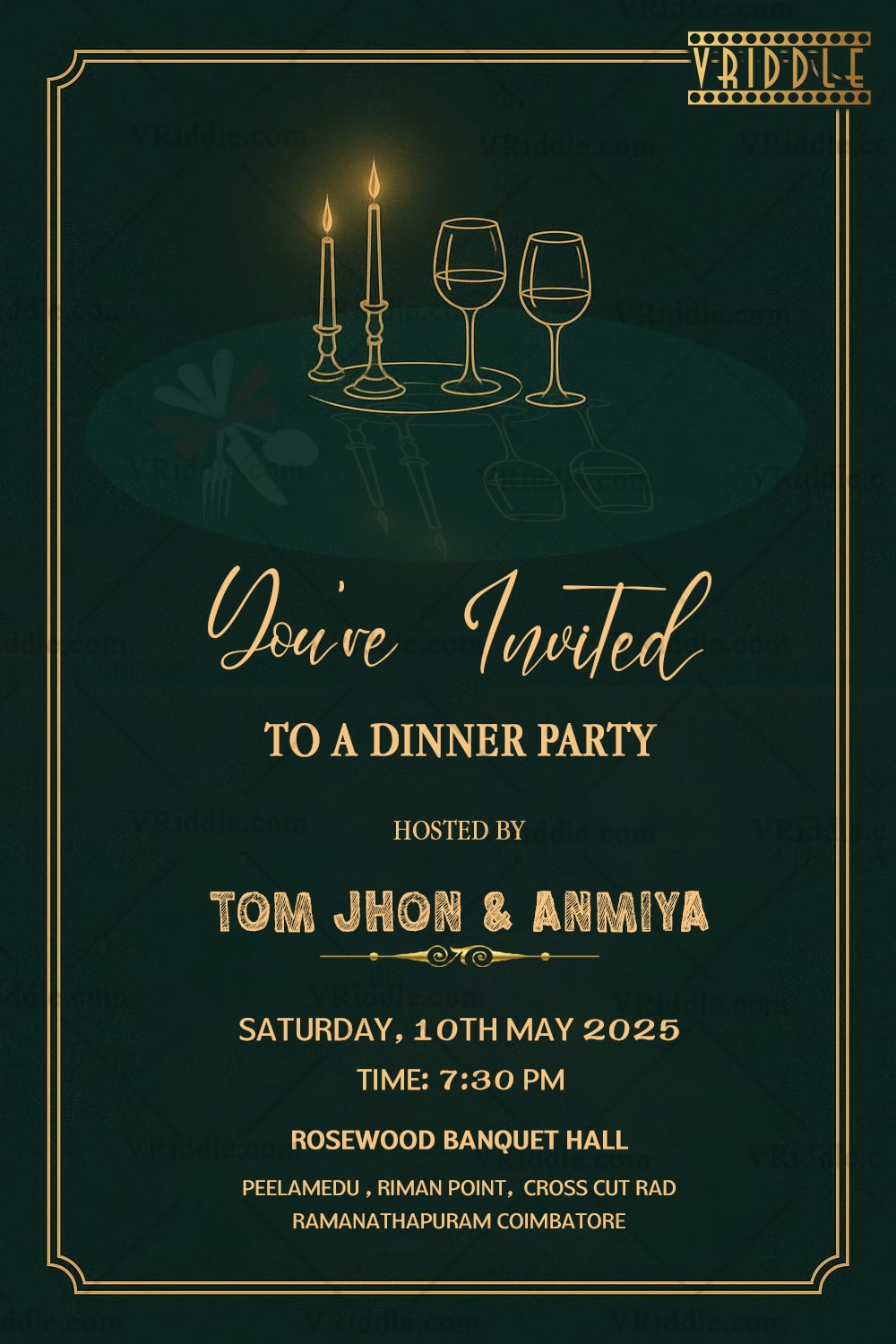 Elegant Candlelight Dinner Party Invitation Card in Dark Green Theme