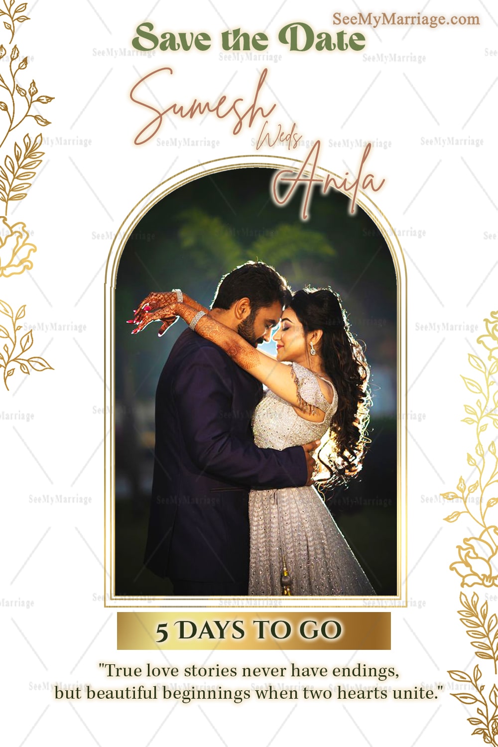 Elegant Save the Date Wedding Card with Arch Frame and Gold Leaf Accents