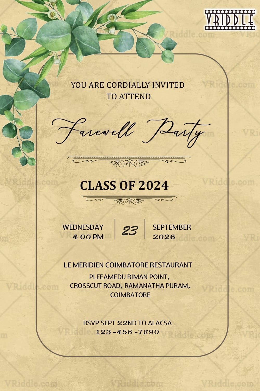 Beige Background Farewell Party Invitation Card with Eucalyptus Leaves