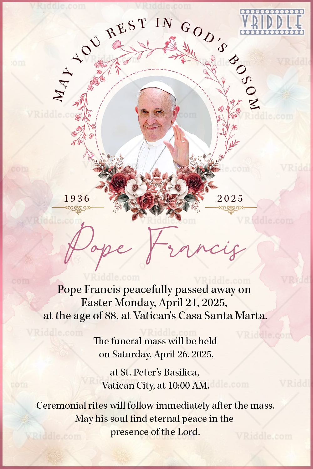 Pope Style Minimalist Floral Wreath Memorial Card Design with Elegant Tribute Layout With Add Photo