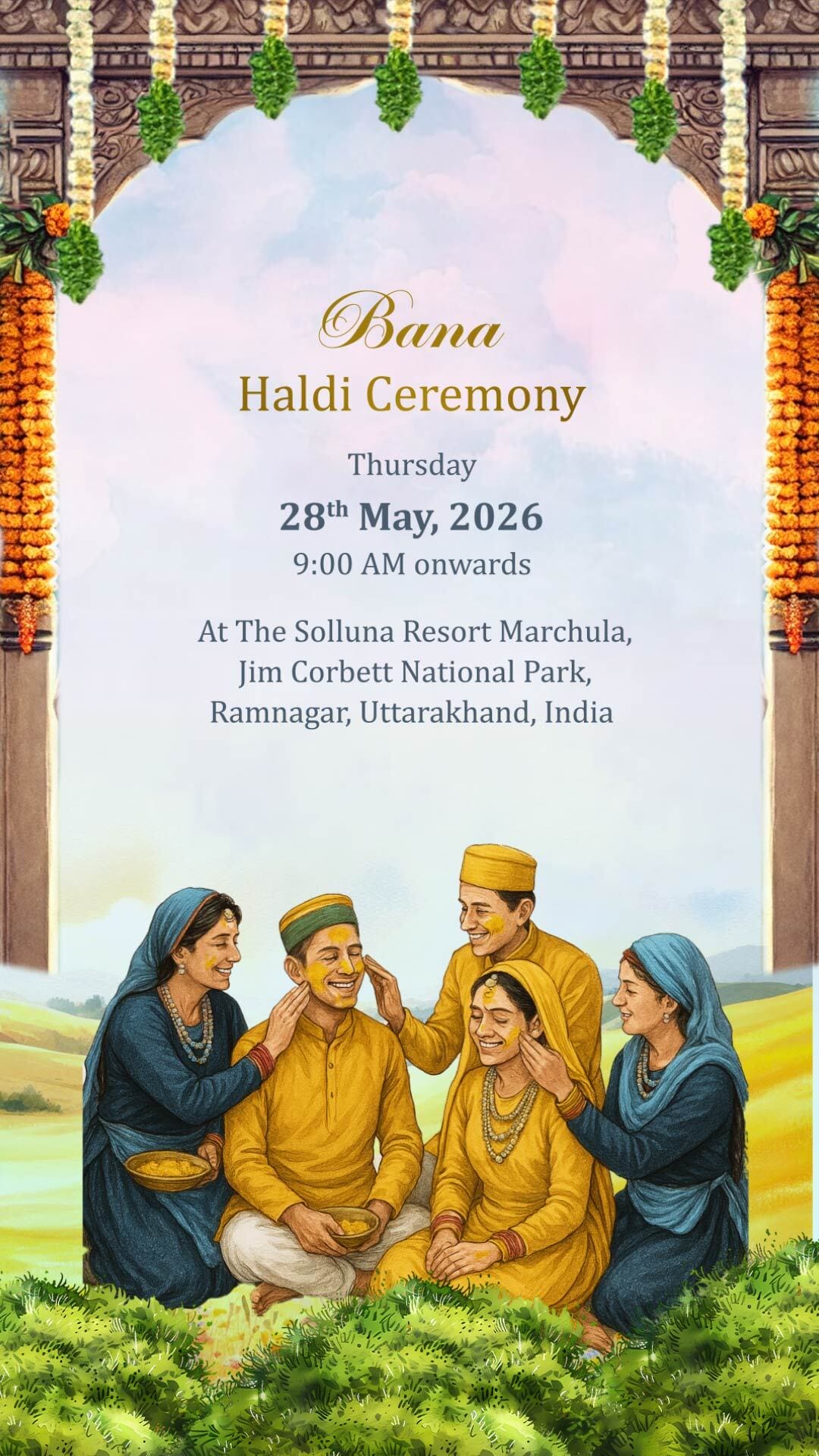 Garhwali Theme Wedding Invitation Video with Family Portrait, Mountain Backdrop and Haldi, Mehendi, sangeet