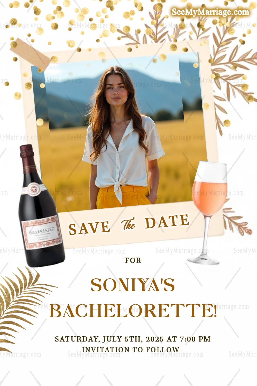 Golden Confetti Bachelorette and Save the Date Card with Add Photo and Bottle of Bubbly, Glass