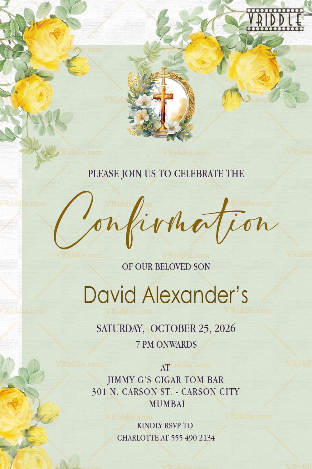Golden Cross Confirmation Invitation with Elegant Yellow Floral Design