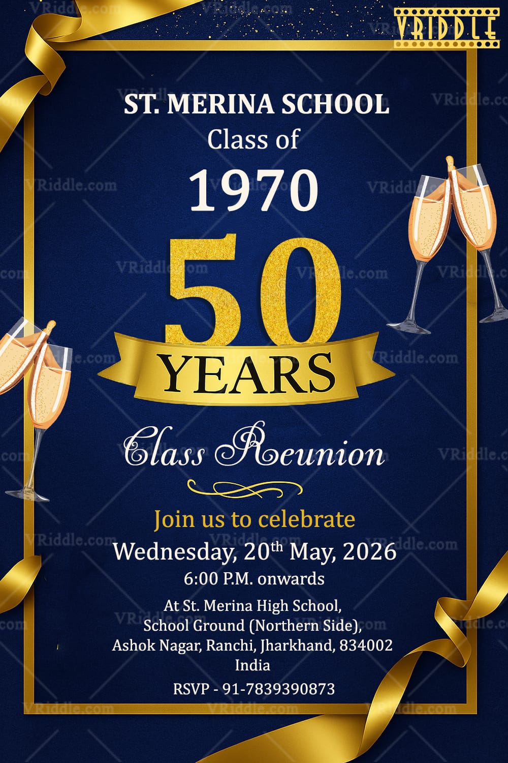 Golden Jubilee Reunion Invitation Card and Royal Blue Theme
