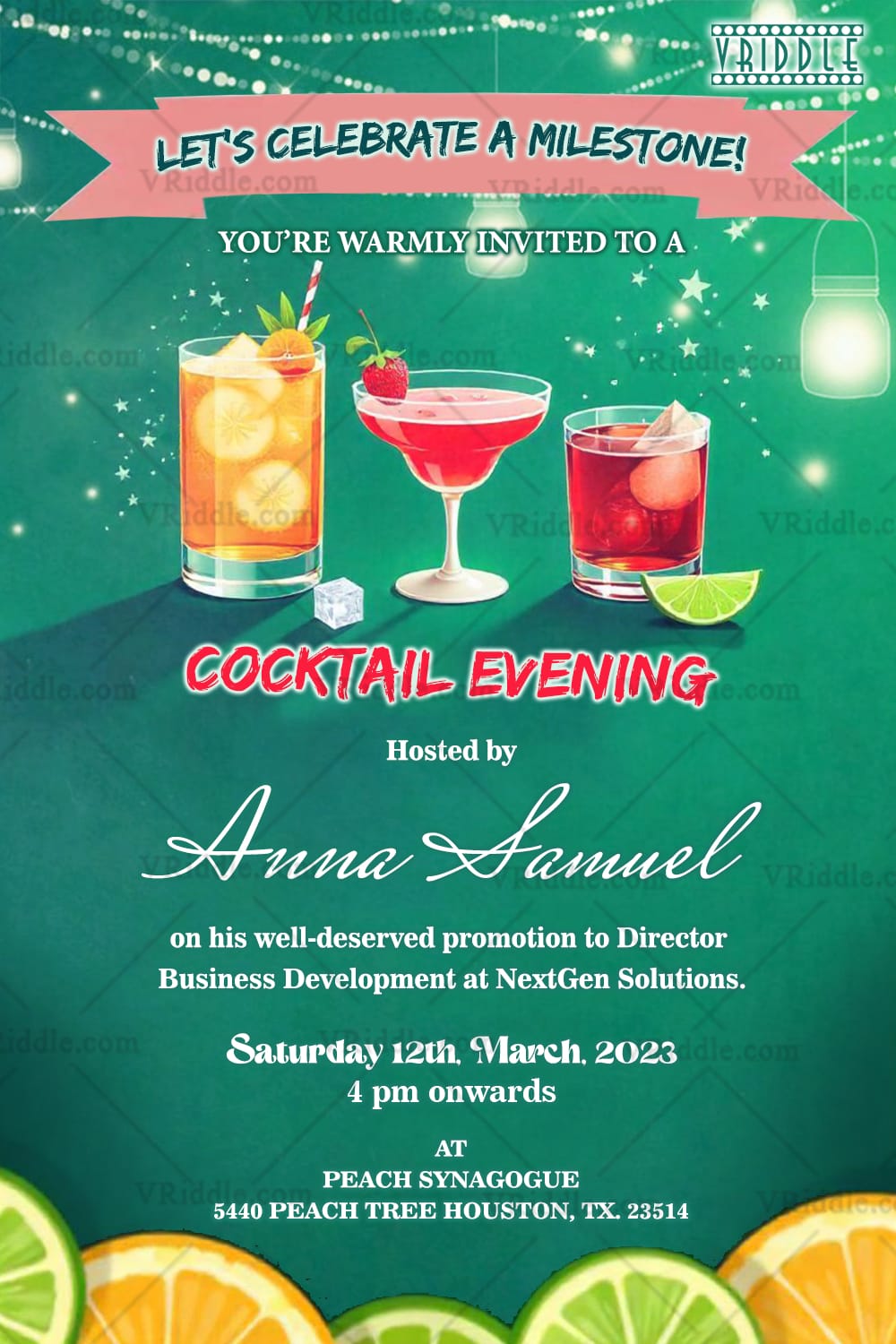 Green Background Cocktail Party and Promotion Party Invitation Card with Glasses and Sparkles