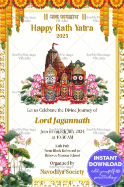 Happy Rath Yatra Celebration Invitation Featuring Lord Jagannath's Divine Journey