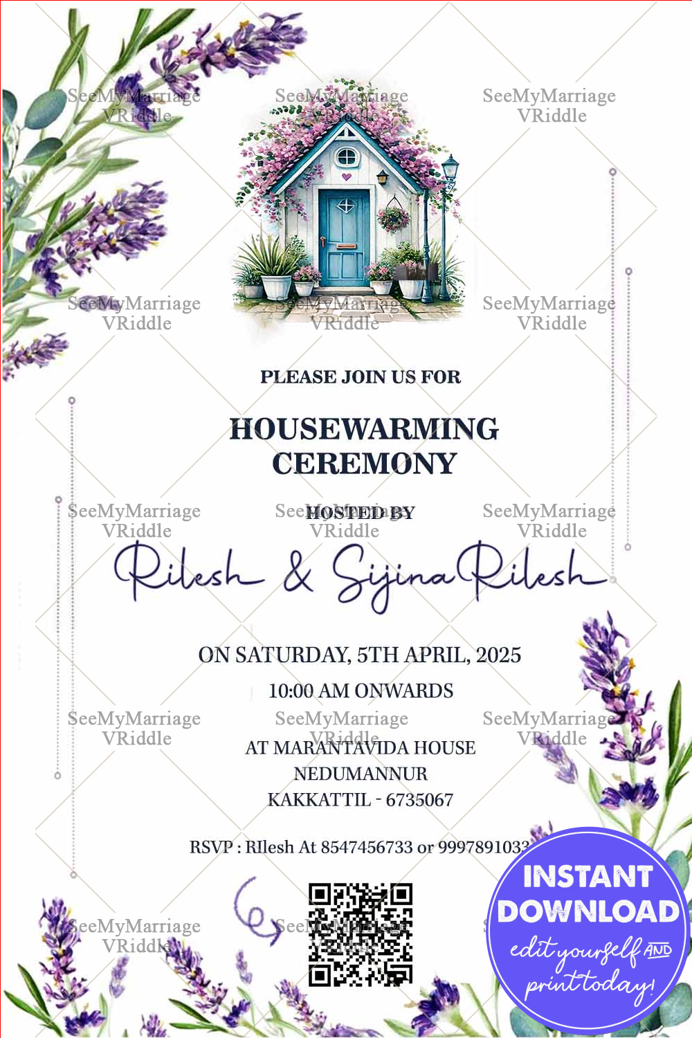 Housewarming Invitation with Cottage Charm: A Watercolour Lavender Dream