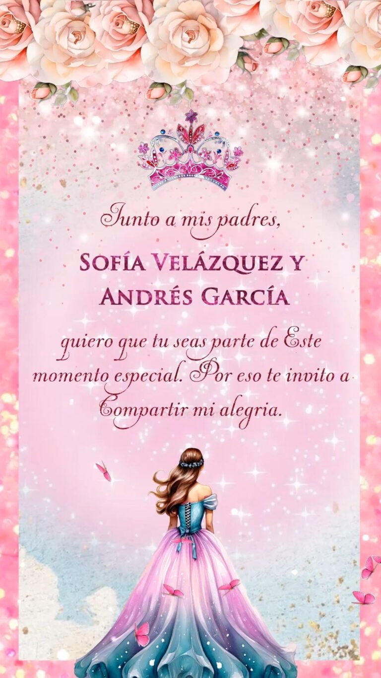 Invitación de Quinceañera Princesa Floral con Fondo Rosa y Mariposas