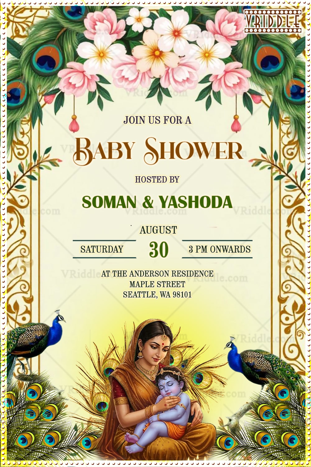 Blissful Baby Shower Invitation Adorned with Baby Krishna Yashoda and Peacock Elegance