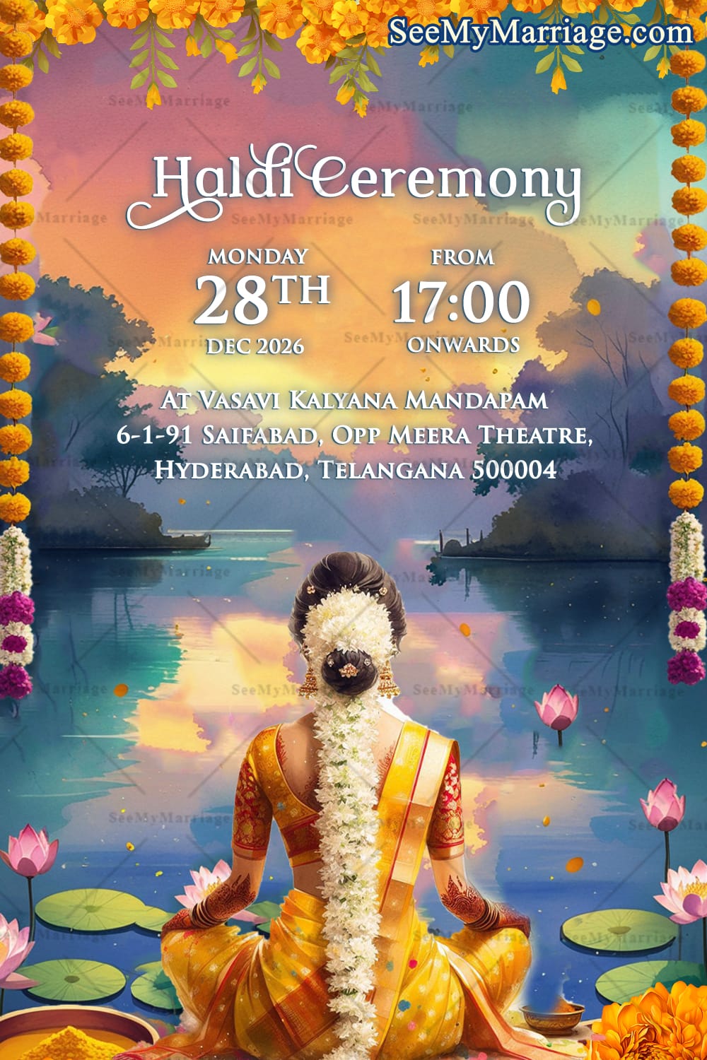 Lakeview & Lotus Theme Wedding Invitation Video with Bride & Groom Illustration, Sunset and Haldi, Mehendi, Sangeet, Muhurtham, Save The Date