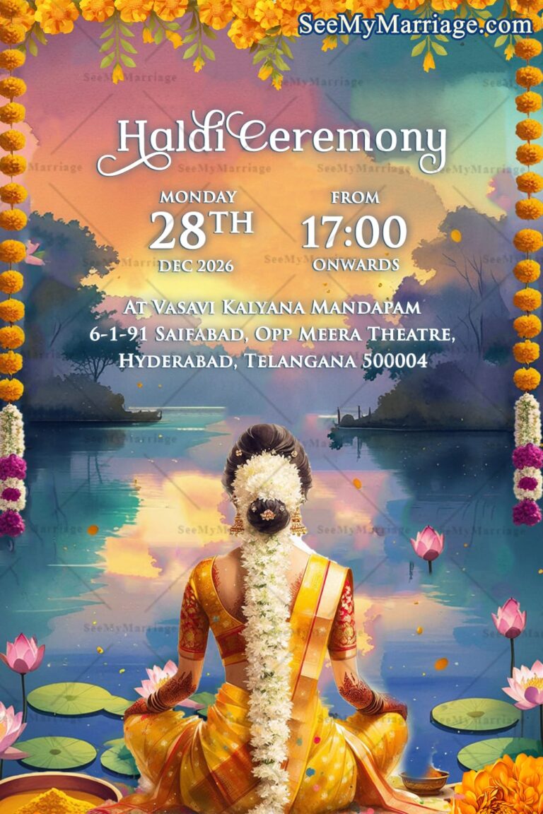 Lakeview & Lotus Theme Wedding Invitation Video with Bride & Groom Illustration, Sunset and Haldi, Mehendi, Sangeet, Muhurtham, Save The Date
