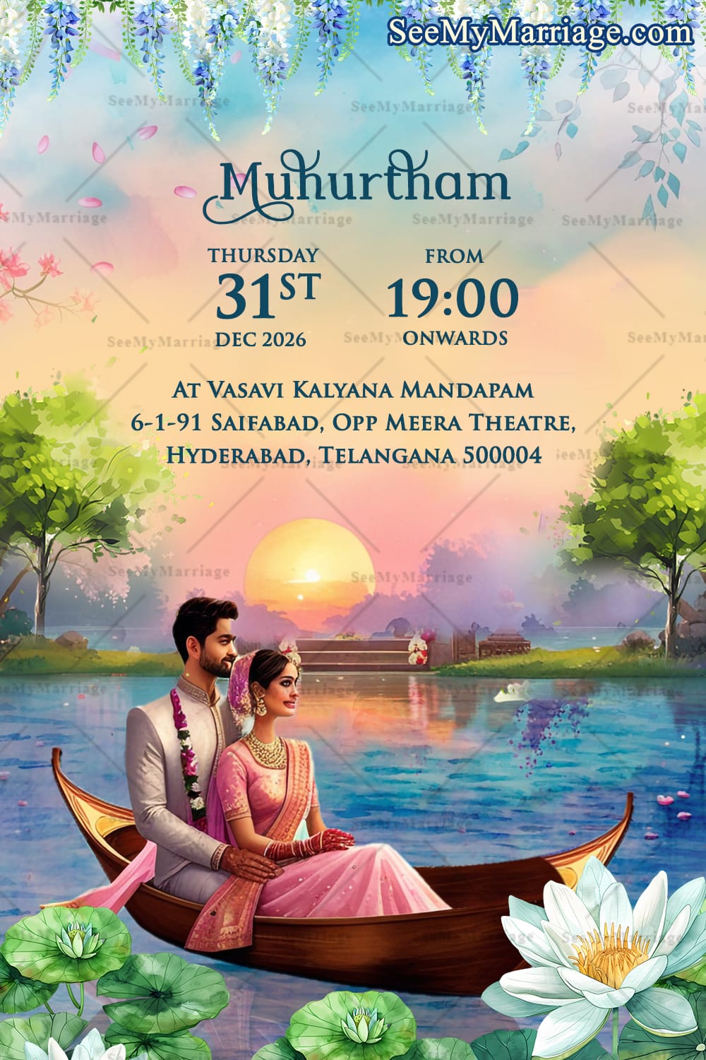 Sunset & Lakeview Wedding Ceremony Card Set with Lotus, Peacock and Bride-Groom Illustration