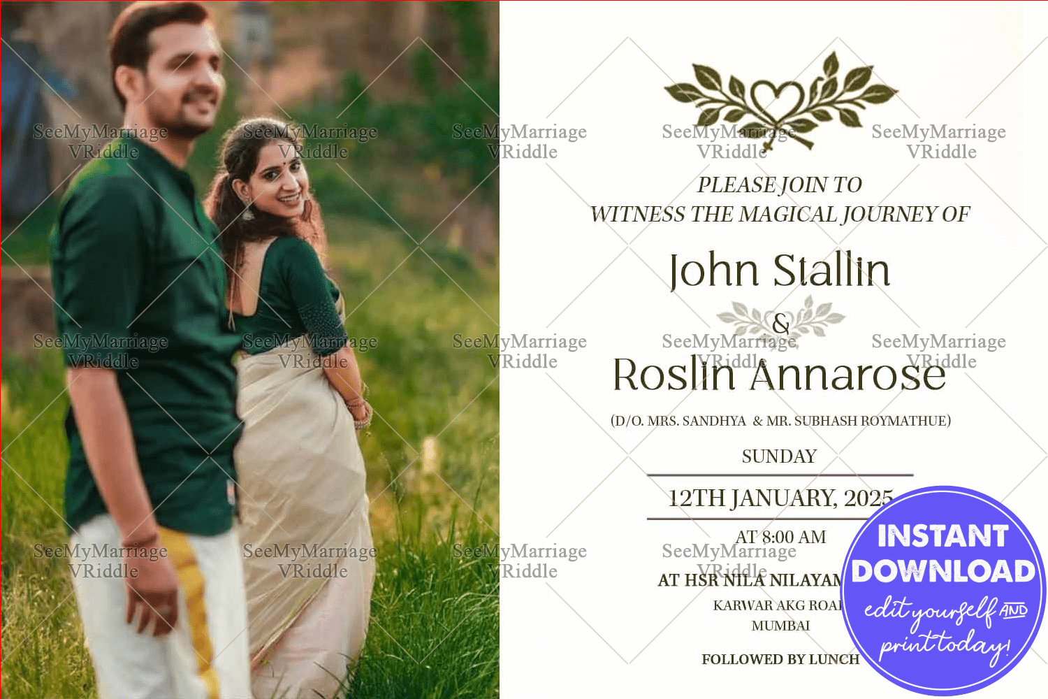 Malayalam Wedding Invitation – A Simple and Elegant Celebration of Love with Couple Image