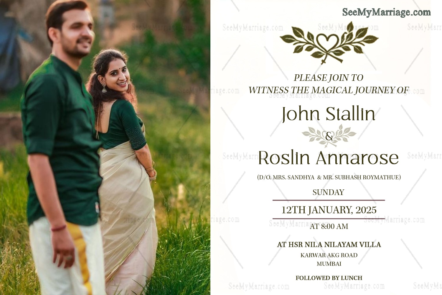 Malayalam Wedding Invitation – A Simple and Elegant Celebration of Love with Couple Image