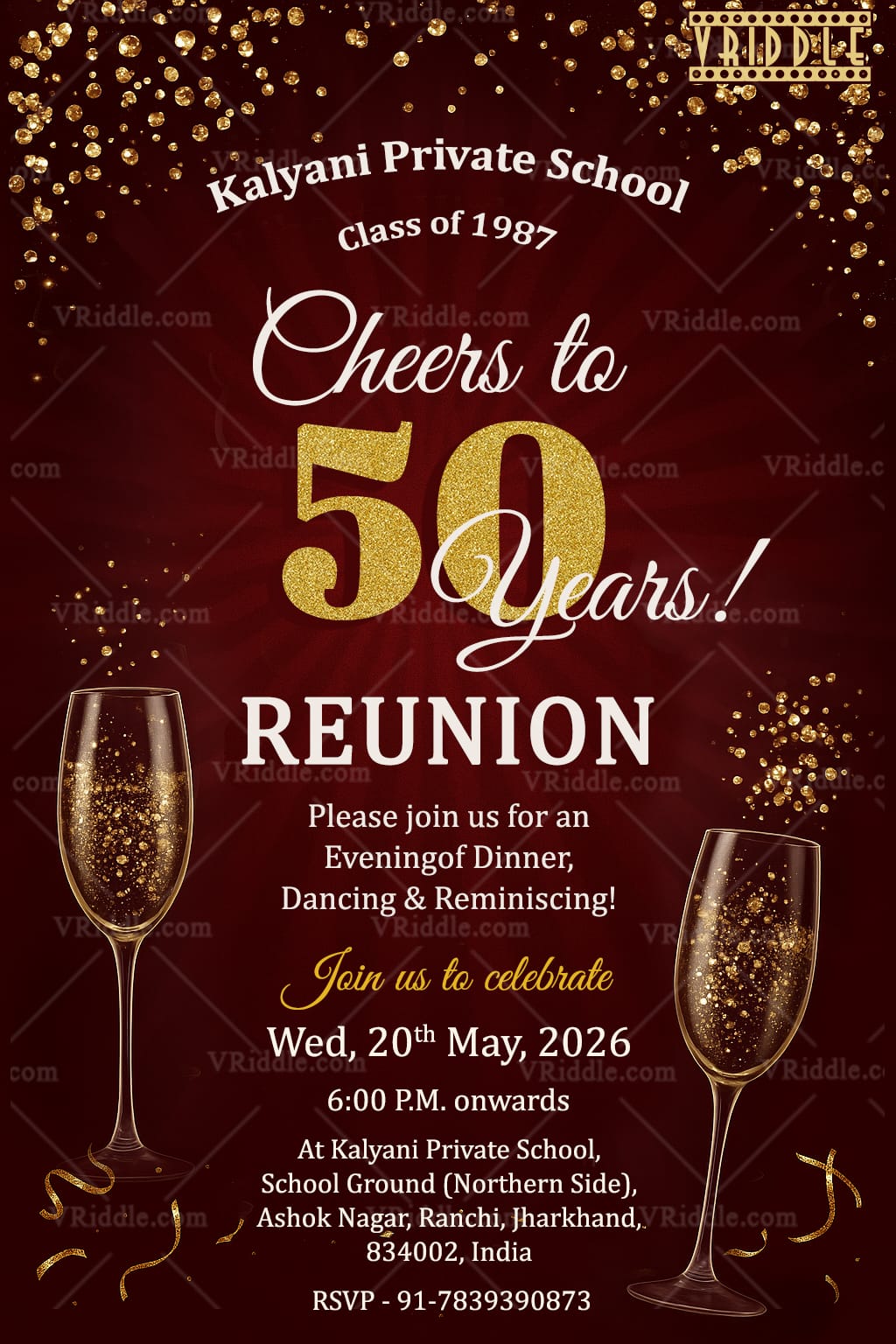 Maroon Theme Reunion Party Invitation with Celebrating The 50-Year Anniversary and Champagne Glasses