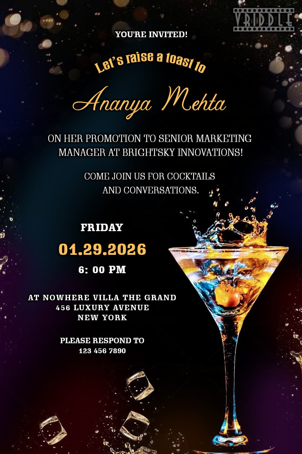 Martini Glass & Black Theme Cocktail Party and Promotion Party Invitation Card