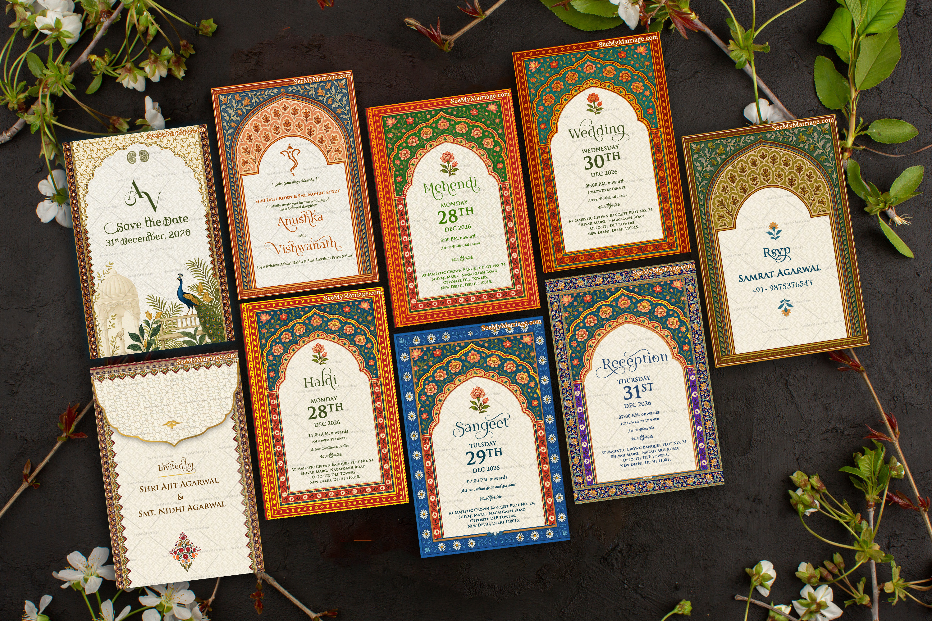 Royal Arch Wedding Invitation Card Set with Floral and Peacock Illustrations