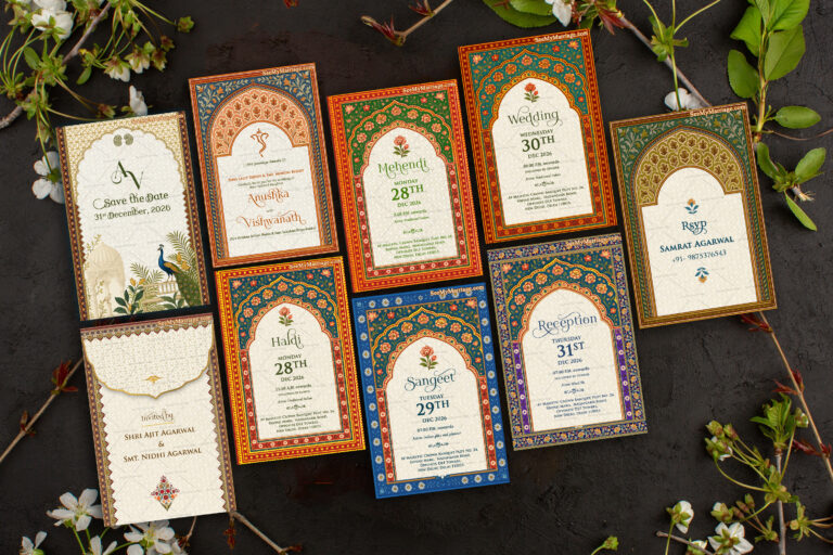 Royal Arch Wedding Invitation Card Set with Floral and Peacock Illustrations
