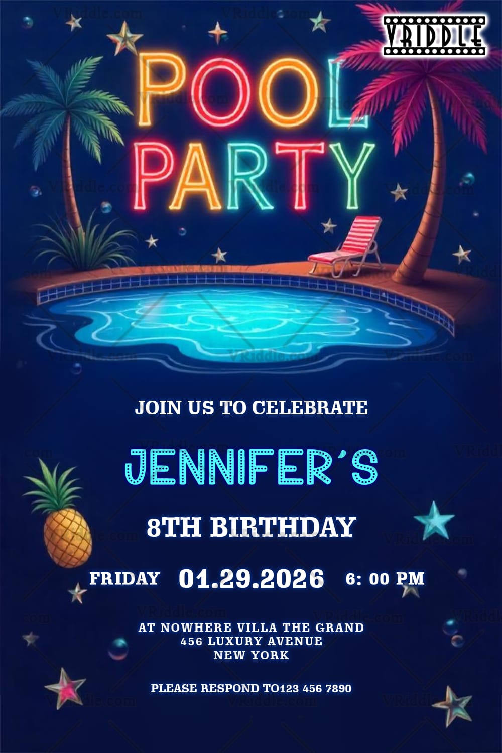 Neon Pool Party and Birthday Invitation with Tropical Night Theme, Palm Trees, Stars and Glow Effects