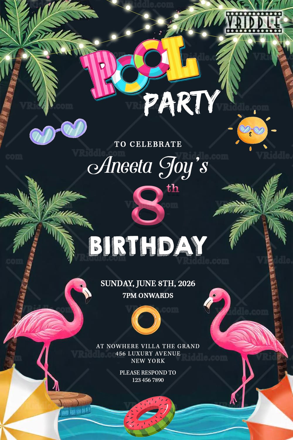 Palm Tree Paradise Pool Party and Birthday Invitation with Pink Flamingos and Floaties