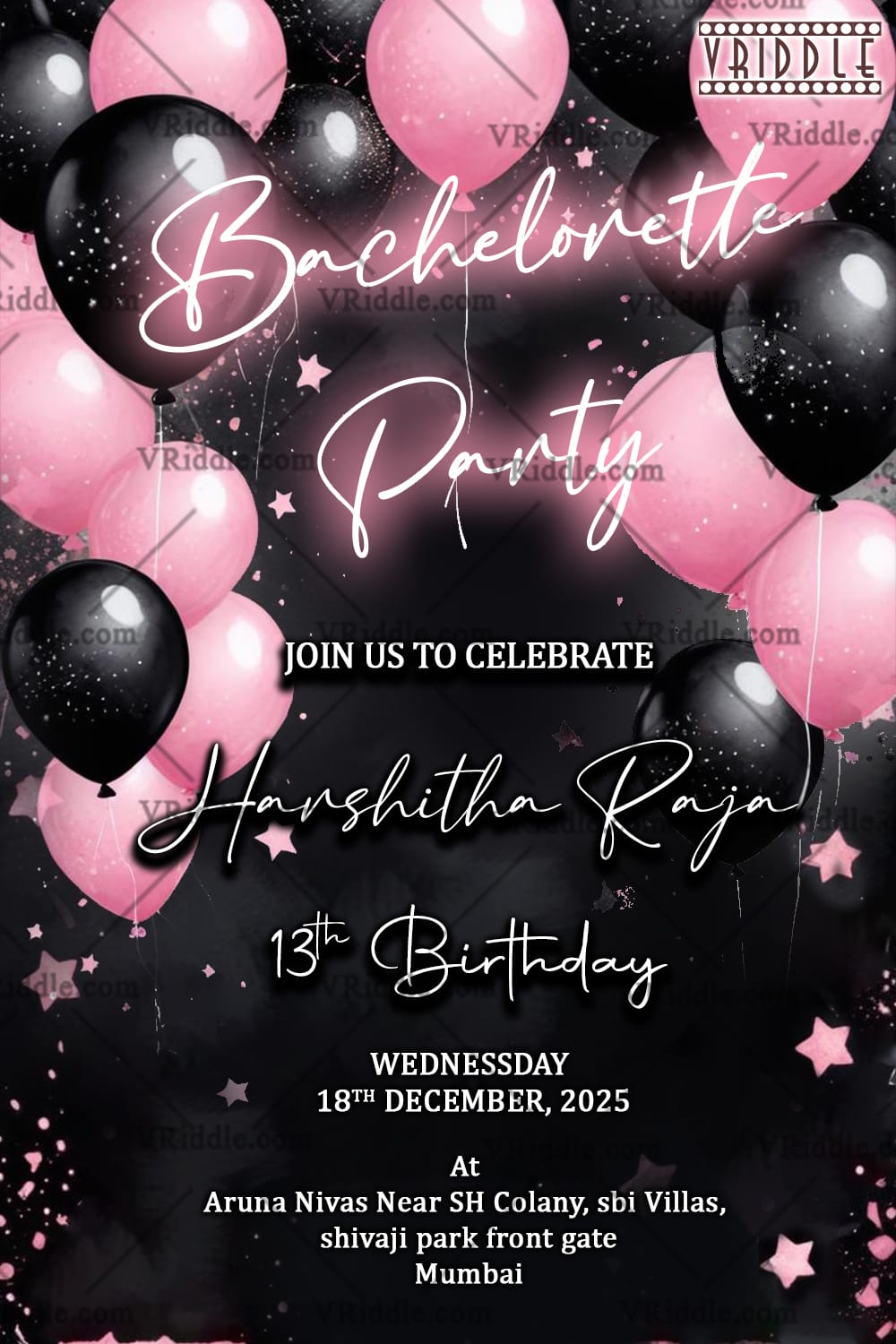 Pink and Black Balloons Theme Bachelorette Party and Birthday Party Invitation Card