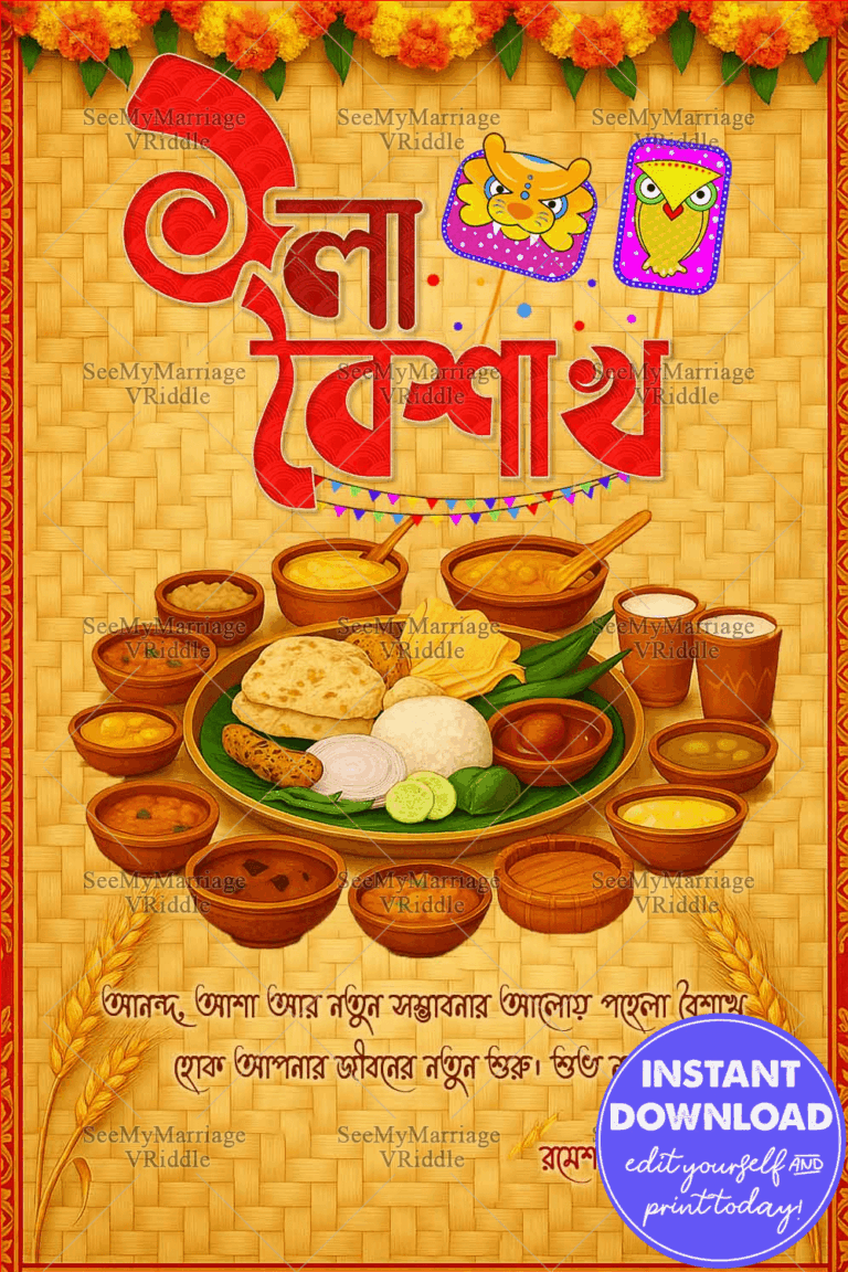 Bengali Pohela Boishakh Greetings in Traditional Festive Bamboo Beige and Food Elements